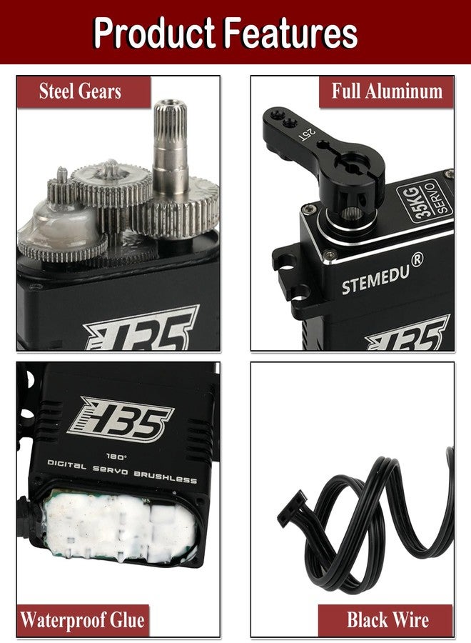 Stemedu 35kg High Torque Digital RC Servo, Waterproof Brushless Motor, Full Metal Case, Steel Geared for 1/8 1/10 Crawler Car, 180° Control Angle - Image 4